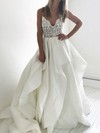 Lace Silk-like Satin V-neck Court Train A-line Cascading Ruffles Wedding Dresses #PWD00023919