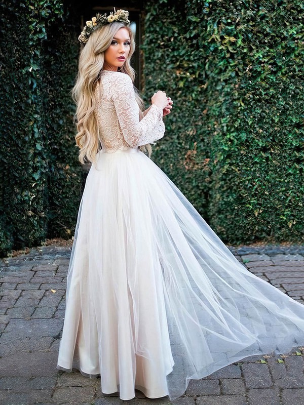 Lace Tulle V-neck Floor-length A-line Split Front Wedding Dresses #PWD00023920