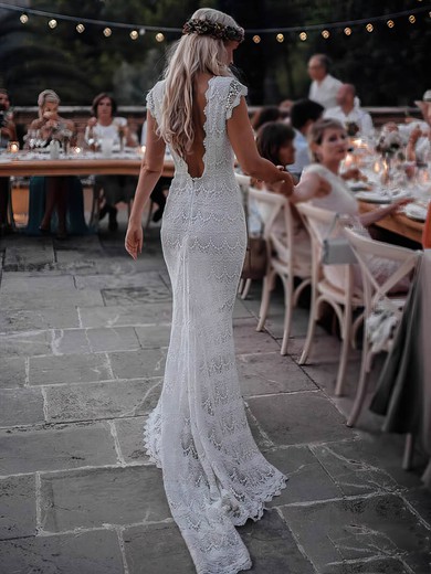 Lace V-neck Sweep Train Trumpet/Mermaid Wedding Dresses #PWD00023921
