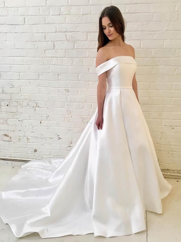 Satin Off-the-shoulder Court Train A-line Wedding Dresses #PWD00023923