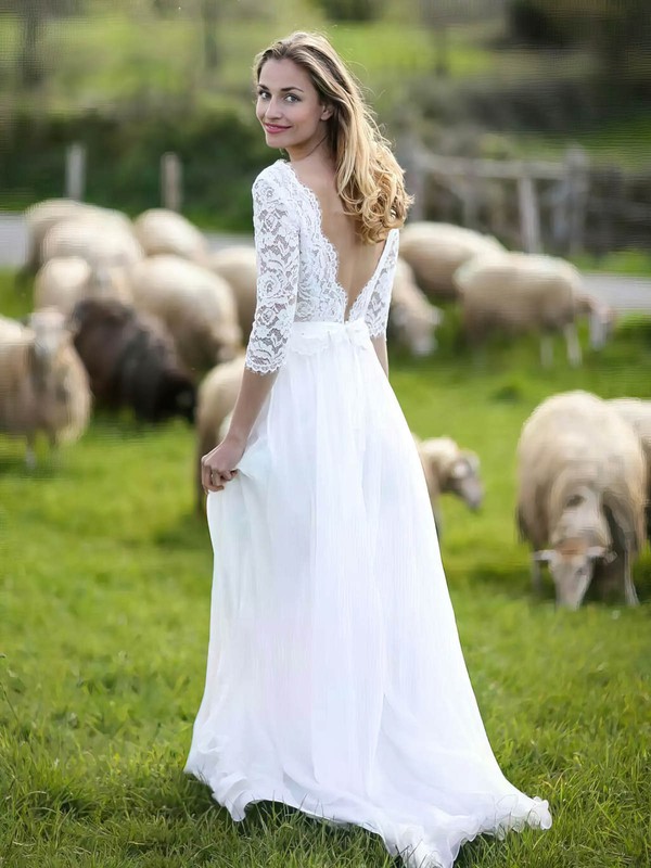 Lace Chiffon V-neck Sweep Train A-line Sashes / Ribbons Wedding Dresses #PWD00023926