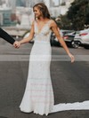 Lace V-neck Chapel Train Sheath/Column Wedding Dresses #PWD00023927