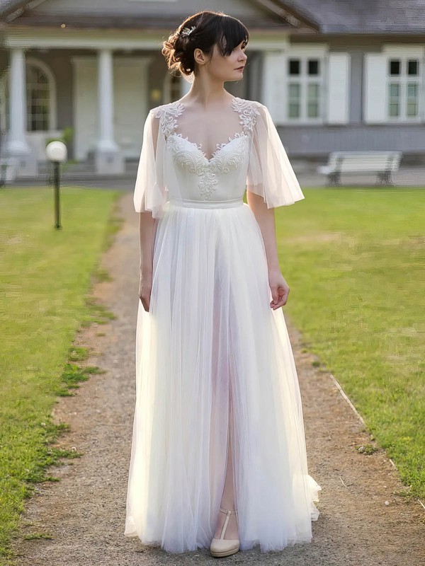 Tulle V-neck Floor-length A-line Appliques Lace Wedding Dresses #PWD00023931