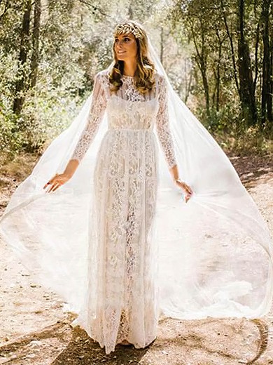 Lace Scoop Neck Floor-length A-line Wedding Dresses #PWD00023932