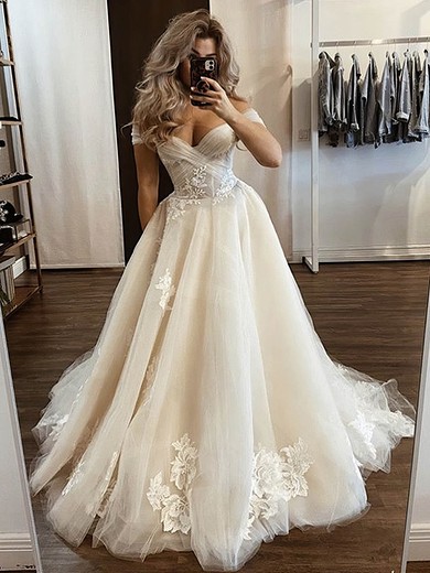 Tulle Off-the-shoulder Court Train A-line Appliques Lace Wedding Dresses #PWD00023935