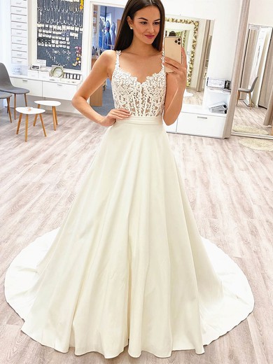 Silk-like Satin Scalloped Neck Sweep Train A-line Appliques Lace Wedding Dresses #PWD00023936