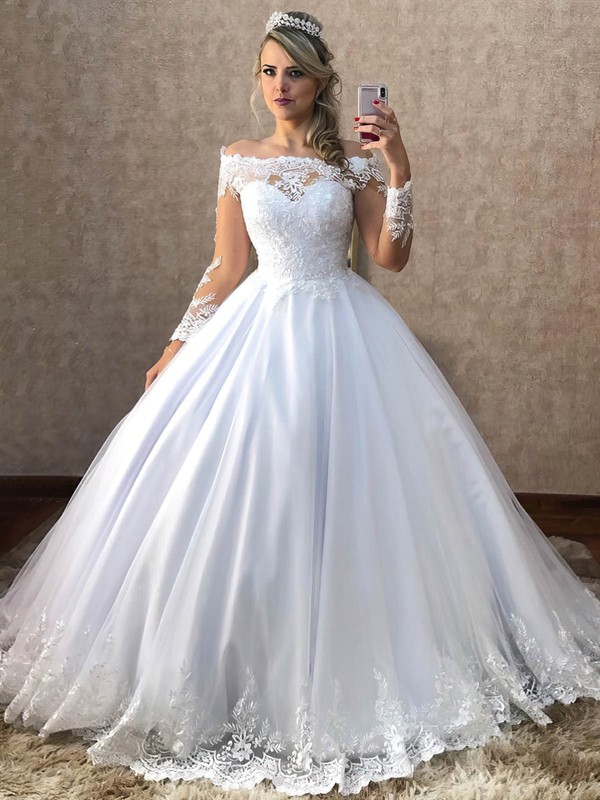 Tulle Off-the-shoulder Sweep Train Ball Gown Appliques Lace Wedding Dresses #PWD00023938