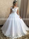 Tulle Off-the-shoulder Sweep Train Ball Gown Appliques Lace Wedding Dresses #PWD00023938