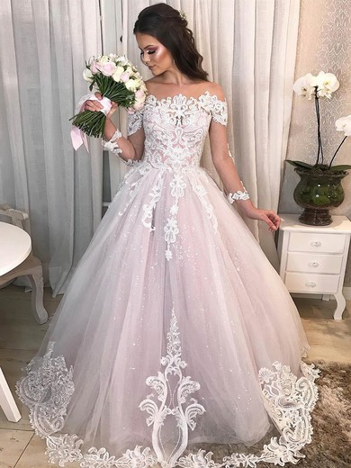 Glitter Scoop Neck Sweep Train Ball Gown Appliques Lace Wedding Dresses #PWD00023944