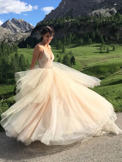 Tulle V-neck Sweep Train Ball Gown Beading Wedding Dresses #PWD00023945