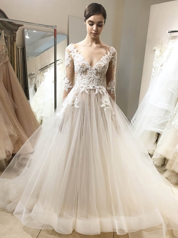 Tulle Scoop Neck Sweep Train Ball Gown Appliques Lace Wedding Dresses #PWD00023946