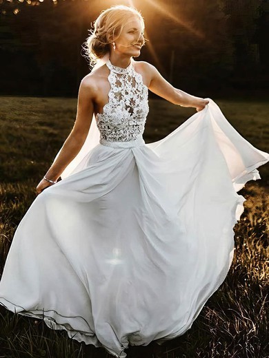 Lace Chiffon Halter Sweep Train A-line Sashes / Ribbons Wedding Dresses #PWD00023947