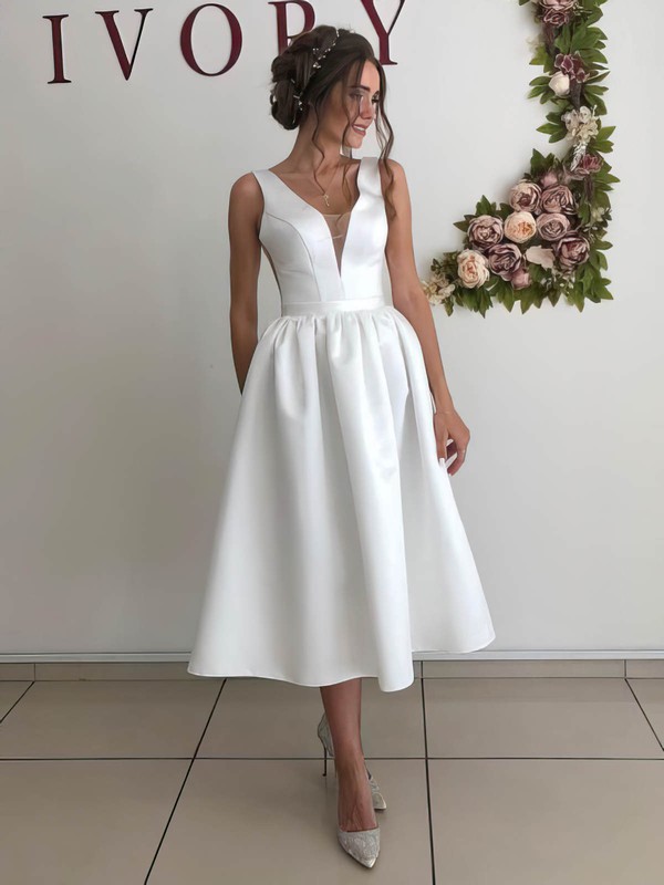 Satin V-neck Tea-length Ball Gown Wedding Dresses #PWD00023954
