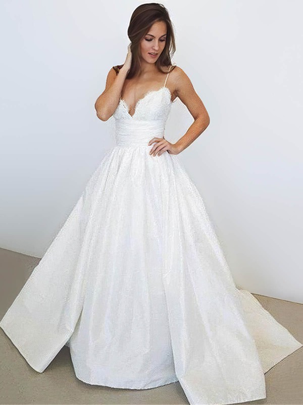 Satin V-neck Court Train Ball Gown Lace Wedding Dresses #PWD00023956