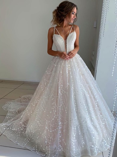 Tulle V-neck Court Train Ball Gown Appliques Lace Wedding Dresses #PWD00023958