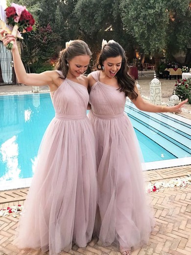 Tulle One Shoulder Sweep Train A-line Bridesmaid Dresses #PWD01013945