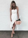 Silk-like Satin Strapless Tea-length A-line Ruffles Bridesmaid Dresses #PWD01013948