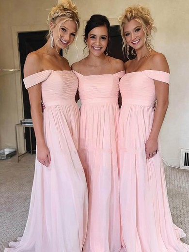 Chiffon Off-the-shoulder Sweep Train A-line Split Front Bridesmaid Dresses #PWD01013986