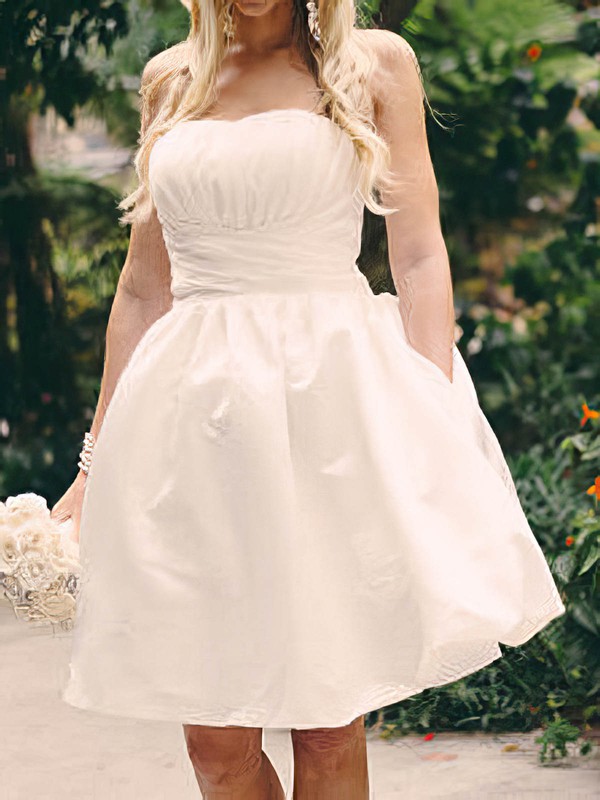 Cute Strapless White Satin Ruffles Knee-length Lace-up Ball Gown Wedding Dress #PWD00020516