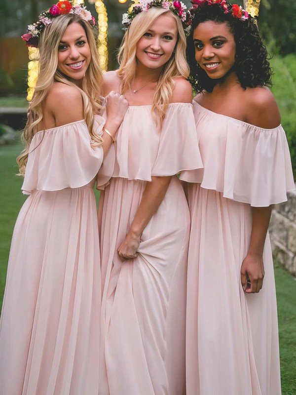 Chiffon Off-the-shoulder Sweep Train A-line Bridesmaid Dresses #PWD01014002