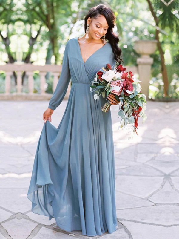 Chiffon V-neck Floor-length A-line Bridesmaid Dresses #PWD01014004