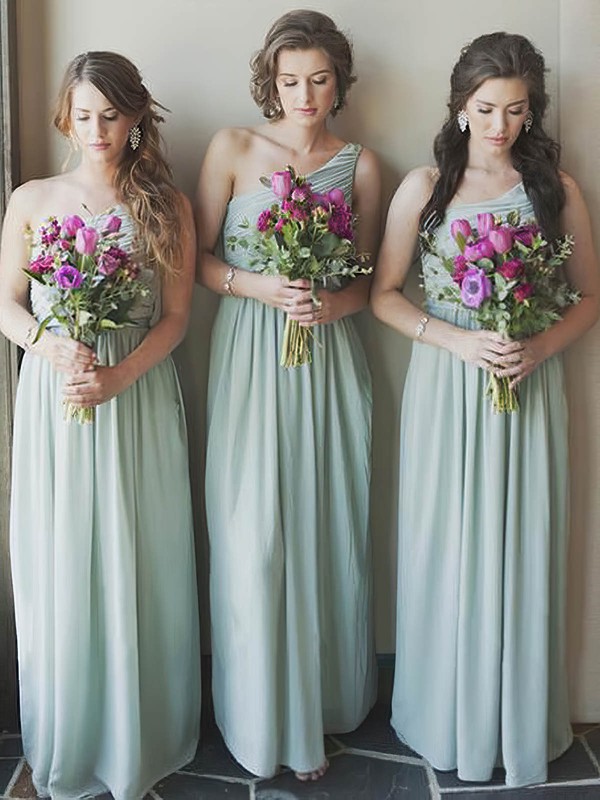 Chiffon One Shoulder Floor-length A-line Ruffles Bridesmaid Dresses #PWD01014005