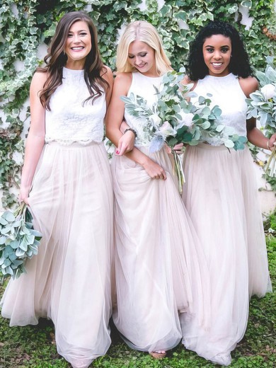 Lace Tulle Scoop Neck Sweep Train A-line Bridesmaid Dresses #PWD01014040