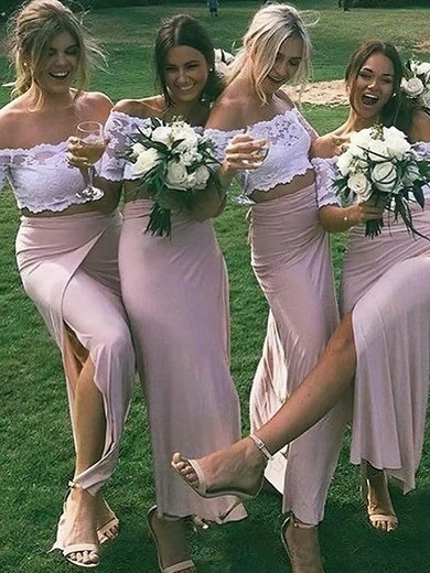 Lace Silk-like Satin Off-the-shoulder Ankle-length Trumpet/Mermaid Split Front Bridesmaid Dresses #PWD01014041