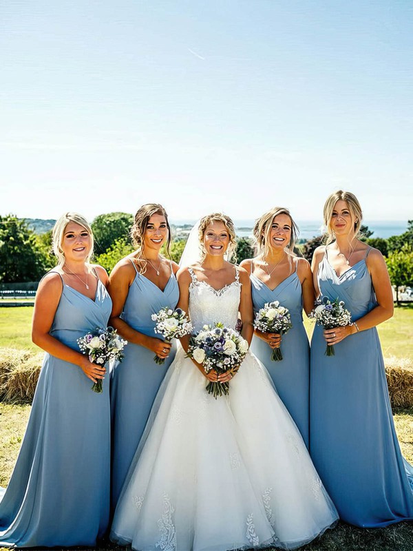 Jersey V-neck Sweep Train A-line Bridesmaid Dresses #PWD01014050