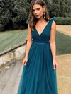 Tulle V-neck Floor-length A-line Bow Bridesmaid Dresses #PWD01014051