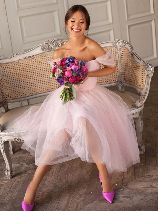 Tulle Off-the-shoulder Tea-length A-line Bridesmaid Dresses #PWD01014076
