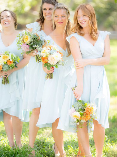 Chiffon V-neck Tea-length A-line Sashes / Ribbons Bridesmaid Dresses #PWD01014082