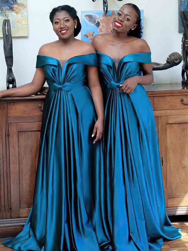 Silk-like Satin Off-the-shoulder Sweep Train A-line Bow Bridesmaid Dresses #PWD01014107
