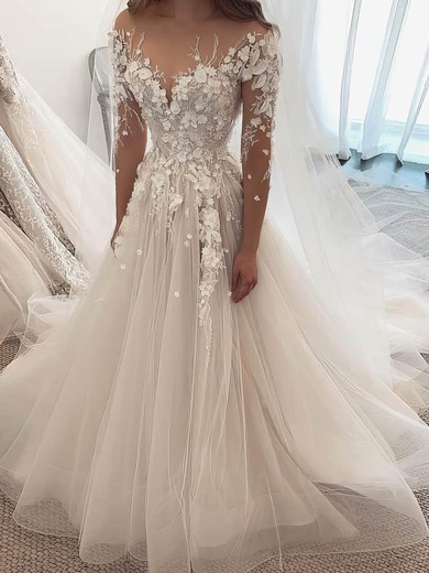 Tulle Scoop Neck Sweep Train A-line Appliques Lace Wedding Dresses #PWD00023968