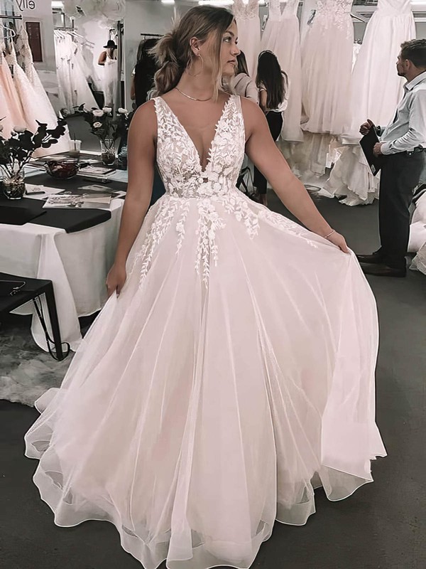 Tulle V-neck Court Train A-line Appliques Lace Wedding Dresses #PWD00023970