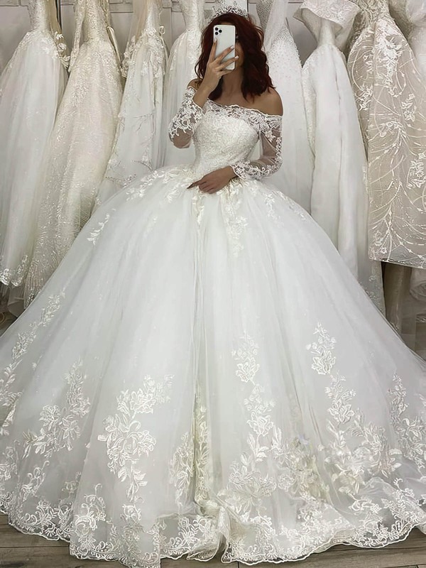 Tulle Off-the-shoulder Court Train Princess Appliques Lace Wedding Dresses #PWD00023971