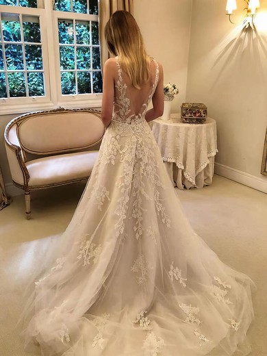 Tulle V-neck Court Train A-line Appliques Lace Wedding Dresses #PWD00023978