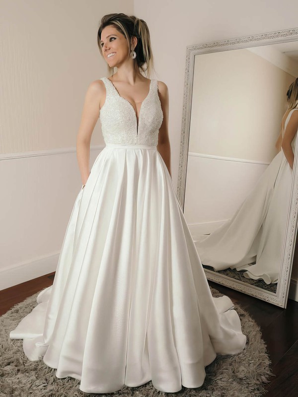 Silk-like Satin Glitter V-neck Sweep Train A-line Pockets Wedding Dresses #PWD00023979