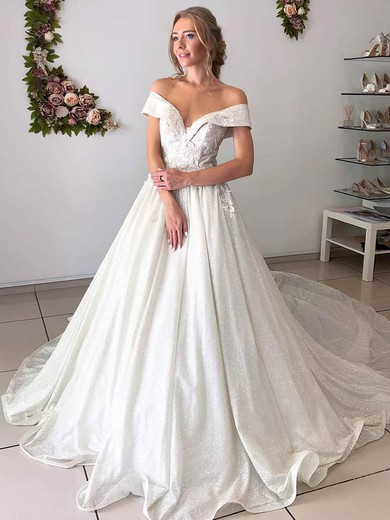 Glitter Off-the-shoulder Court Train A-line Appliques Lace Wedding Dresses #PWD00023980