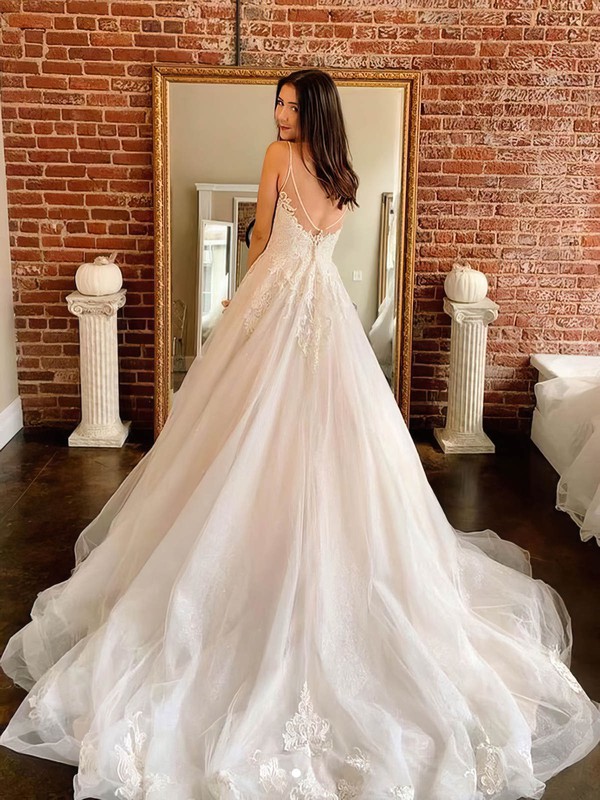 Tulle V-neck Court Train A-line Appliques Lace Wedding Dresses #PWD00023982