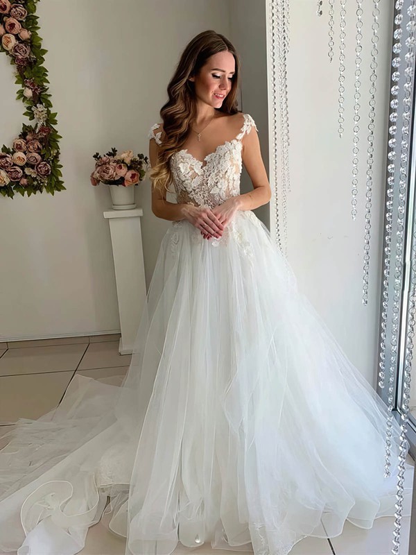 Tulle Scoop Neck Sweep Train A-line Appliques Lace Wedding Dresses #PWD00023985
