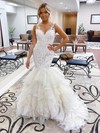 Tulle V-neck Sweep Train Trumpet/Mermaid Appliques Lace Wedding Dresses #PWD00023986