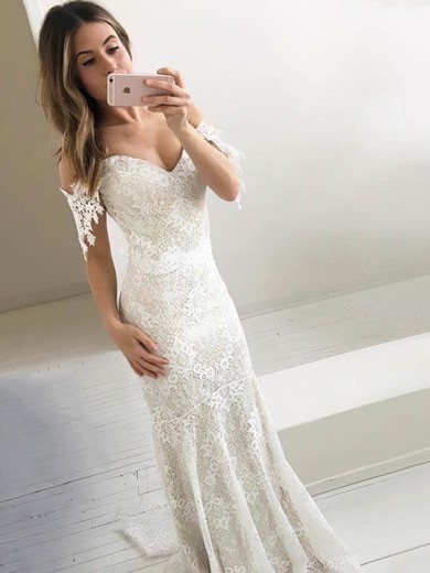 Lace Off-the-shoulder Sweep Train Trumpet/Mermaid Wedding Dresses #PWD00023991