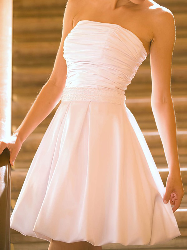 White Satin Strapless Pearl Detailing Lace-up Short/Mini Wedding Dresses #PWD00020530