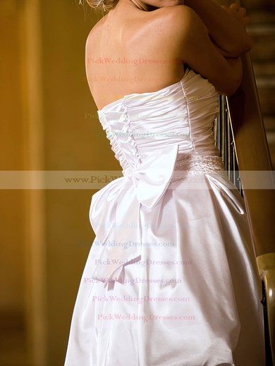 White Satin Strapless Pearl Detailing Lace-up Short/Mini Wedding Dresses #PWD00020530