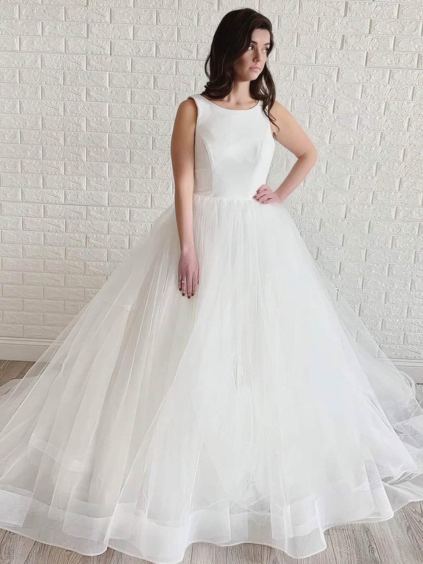 Satin Tulle Scoop Neck Court Train A-line Wedding Dresses #PWD00023993