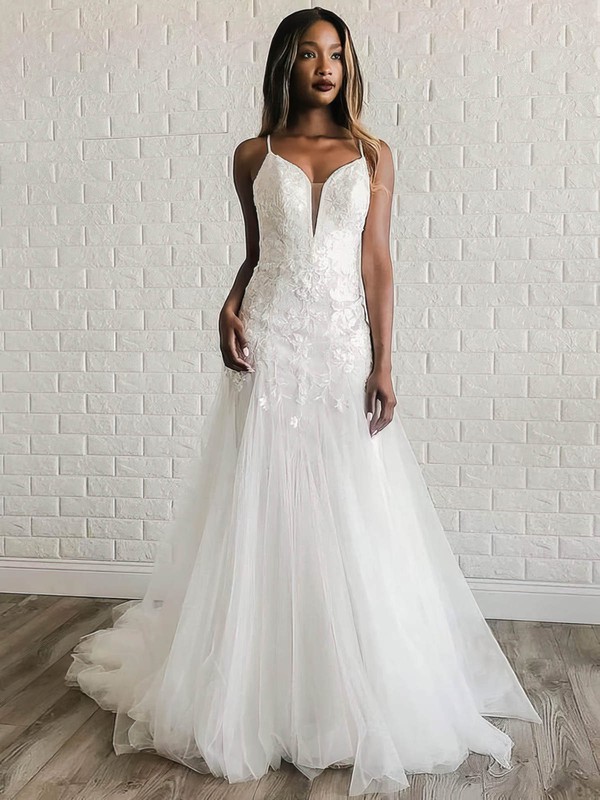Tulle V-neck Sweep Train Trumpet/Mermaid Appliques Lace Wedding Dresses #PWD00023995