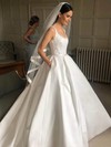 Lace Satin Square Neckline Sweep Train Ball Gown Pockets Wedding Dresses #PWD00023997