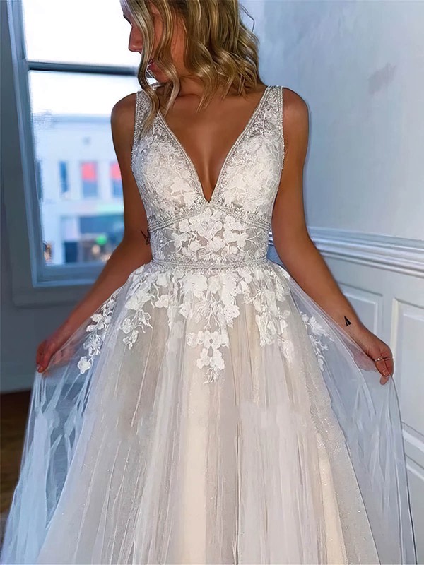 Tulle V-neck Sweep Train A-line Appliques Lace Wedding Dresses #PWD00024004