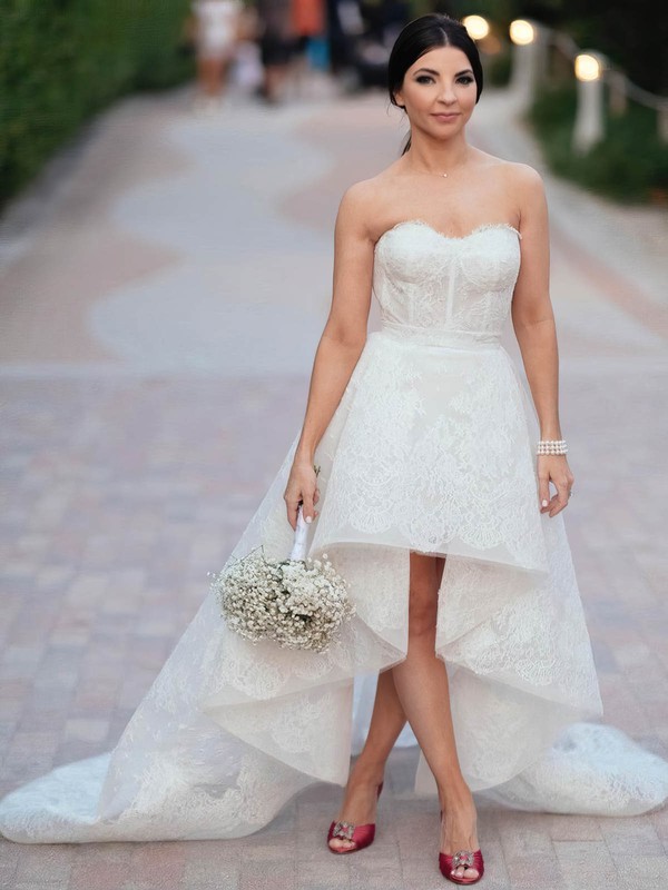Lace Strapless Asymmetrical A-line Wedding Dresses #PWD00024018